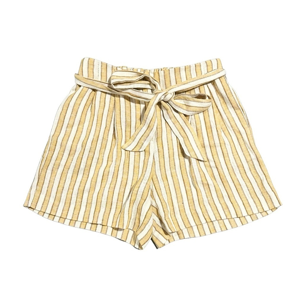 Drew Mustard Ivory Stripe Linen Blend Belted Tie Waist High Rise Shorts S NWT - Picture 2 of 7